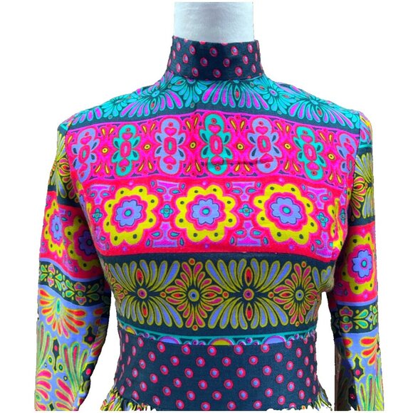 VTG Alex Colman Dress 60s 70s Mod Hippie Psychedelic Vintage Maxi High Neck EUC - Picture 2 of 11
